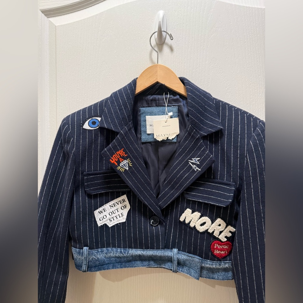 MAXMILA PARIS  Premium Crop Blazer with Embroidered Denim Trim size M NWT - Picture 4 of 8